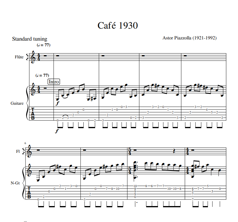 Astor Piazzolla - Café 1930 sheet music for guitar Tab